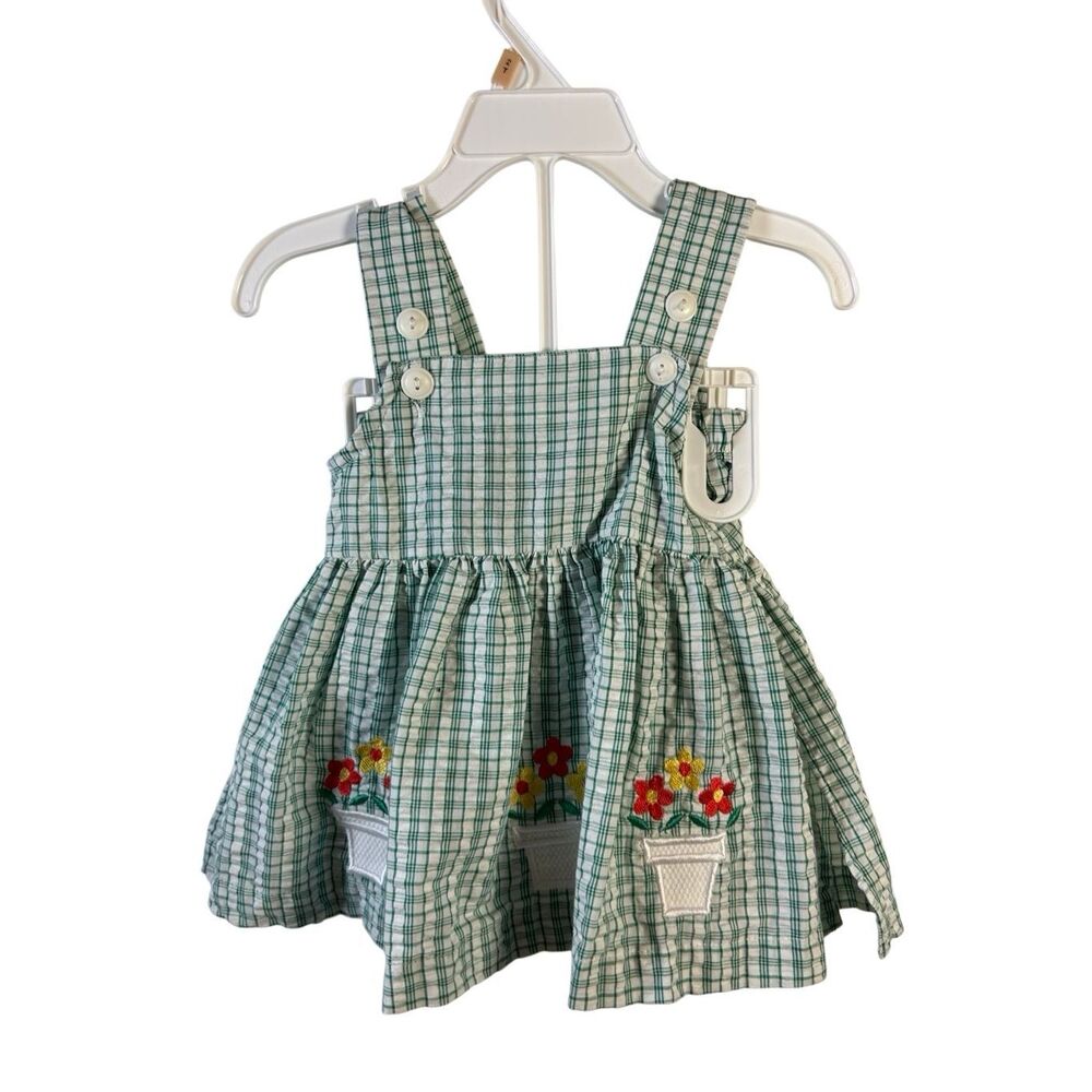 Small Steps infant 12m vintage dress and bloomers green checkered with flowers B